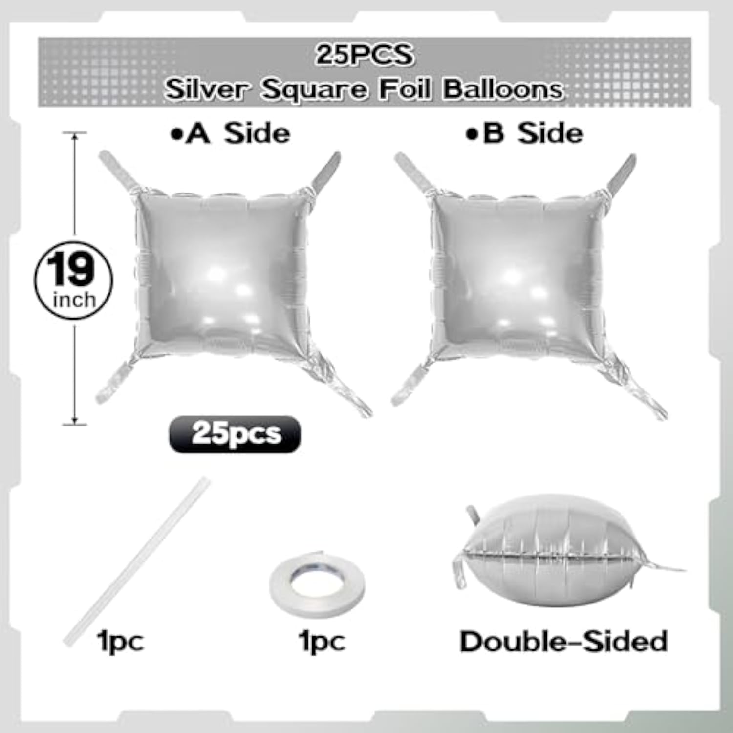 25-Pack Silver Square Foil Balloons Metallic Chrome Backdrop for NYE & Events