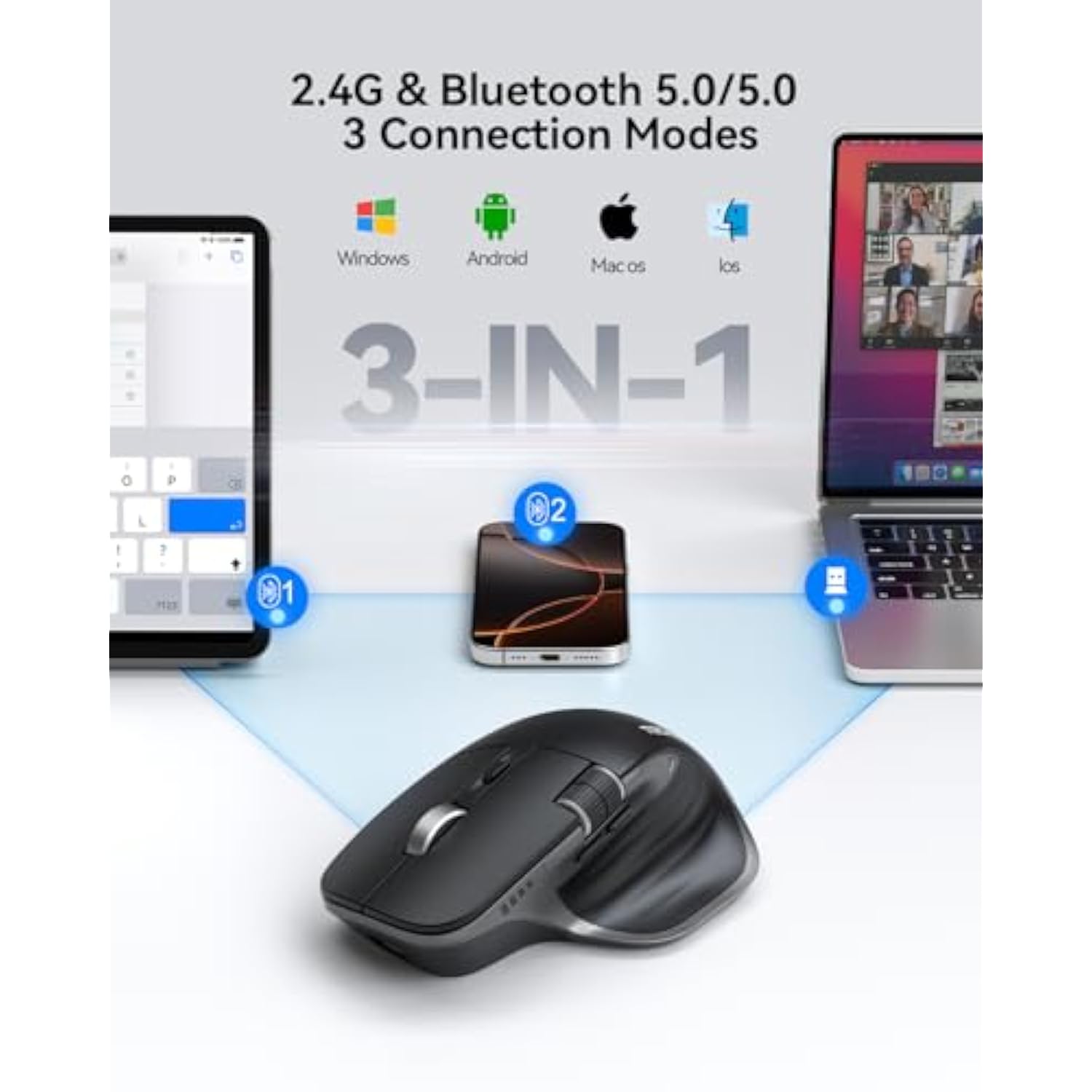 TECKNET Wireless Mouse, Bluetooth Mouse (BT5.0/5.0 & 2.4G) Rechargeable 4800 DPI Ergonomic Optical Mouse with 6 Adjustable, Quiet Clicks, USB A Receiver, 7 Buttons, Wide Compatibility - Black