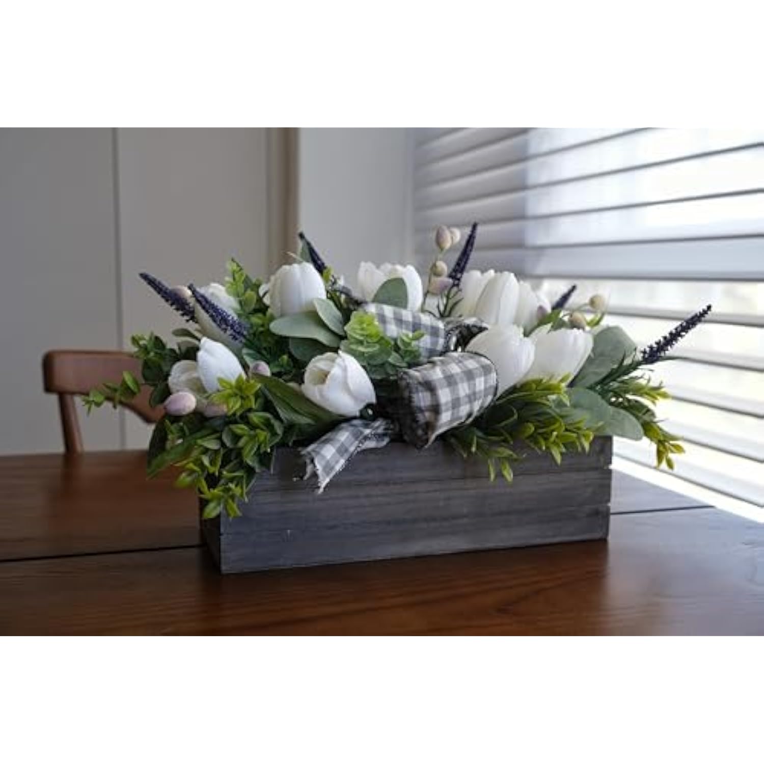 Spring Table Decor Faux White Tulips Arrangement, Spring Easter Tabletop Floral Centerpiece, Artificial Tulip Lavender Eucalyptus Boxwood And Bow In Rectangular Wood Box For Home Decoration, 14In