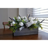 Spring Table Decor Faux White Tulips Arrangement, Spring Easter Tabletop Floral Centerpiece, Artificial Tulip Lavender Eucalyptus Boxwood And Bow In Rectangular Wood Box For Home Decoration, 14In