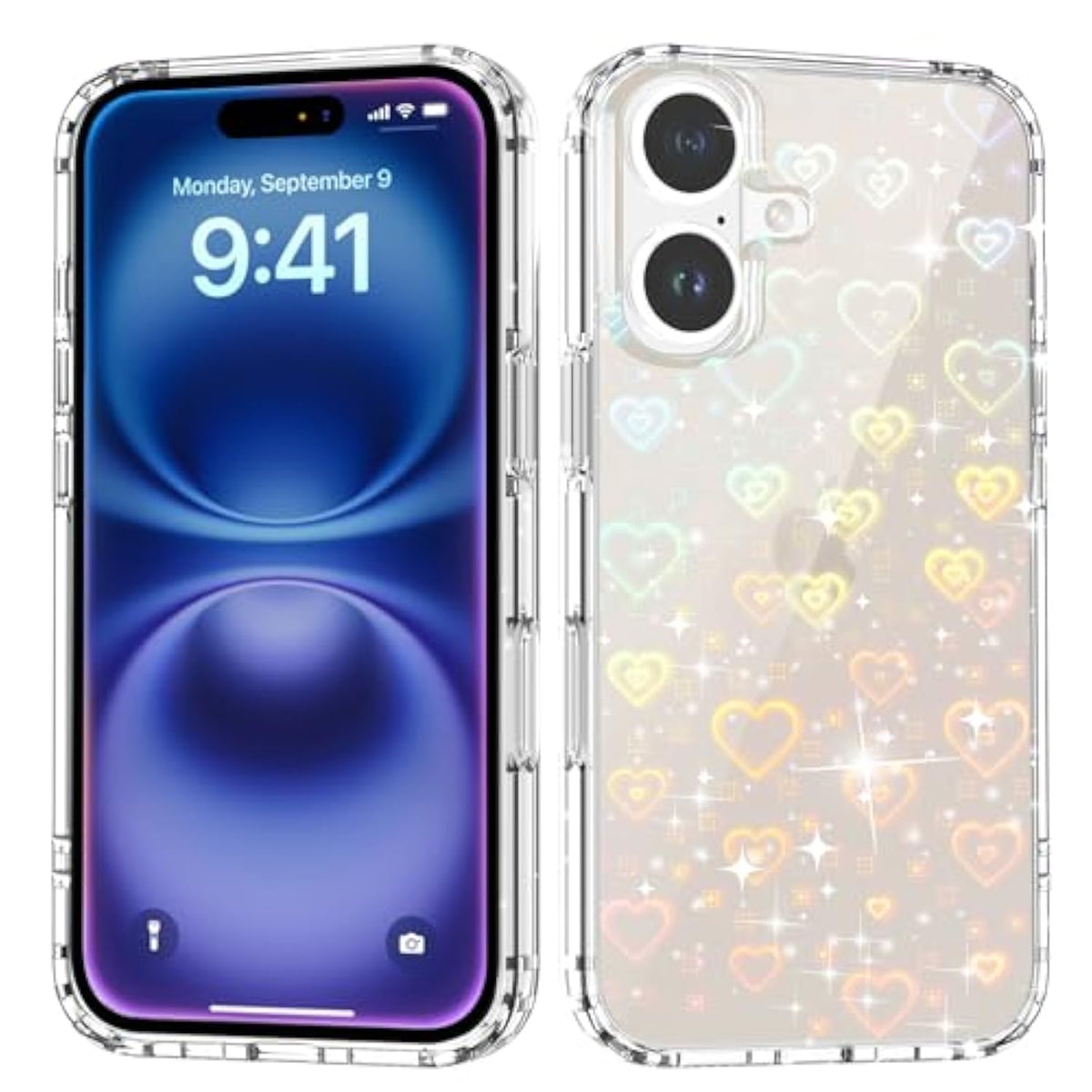 For Iphone 16 Case, Clear Cute Glitter Laser Holographic Heart Pattern For Women Girls, Anti-Yellow Hard Pc Protective Cover Phone Case For Apple Iphone 16 6.1-Inch, Rainbow Heart