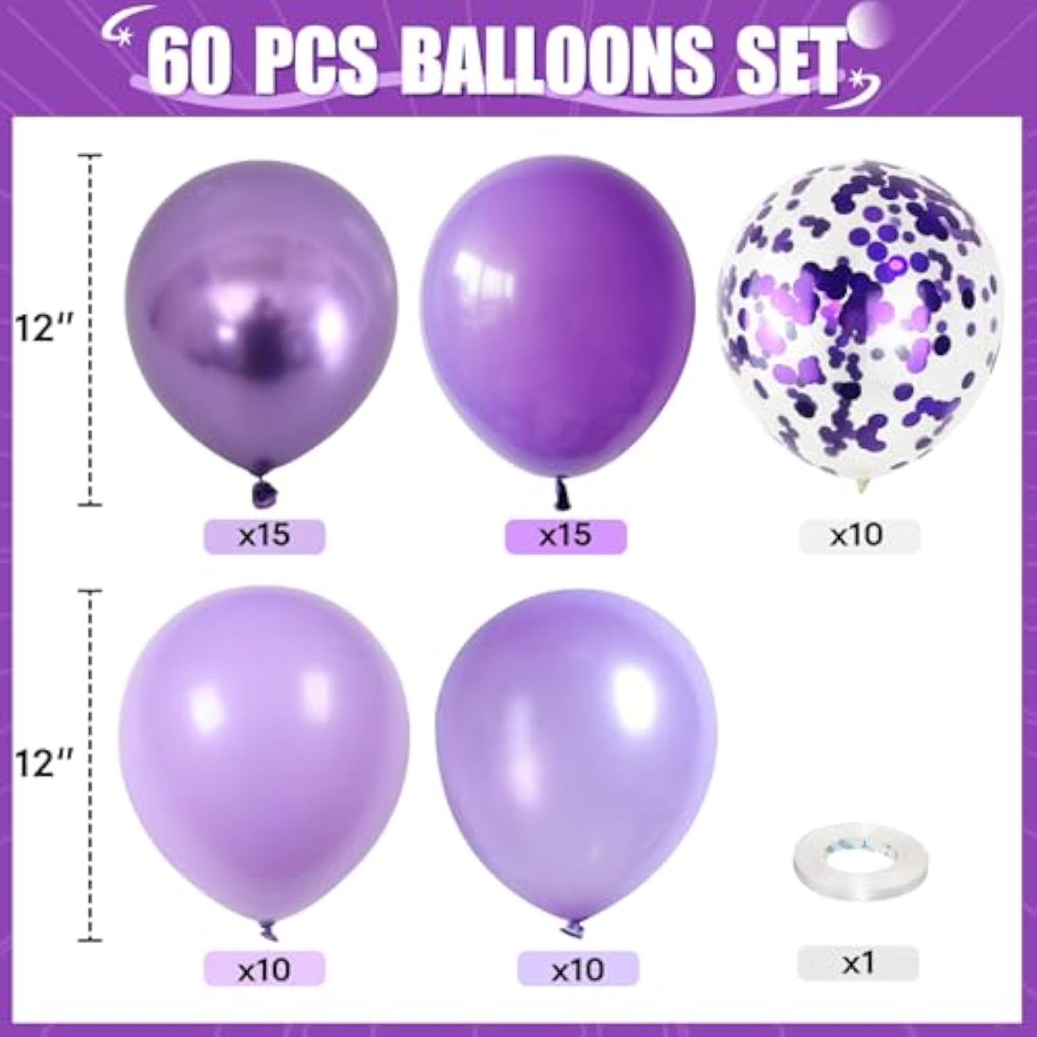 60pcs Purple Mixed Balloons 12in with Confetti for Birthday Baby Shower & Party