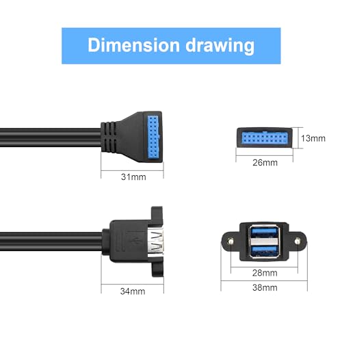 Motherboard 19/20Pin to Dual USB3.0 Cable Motherboard 19/20Pin Right Angle Female to Dual USB3.0 Female Panel Mount Cable with Two Panel Mount
