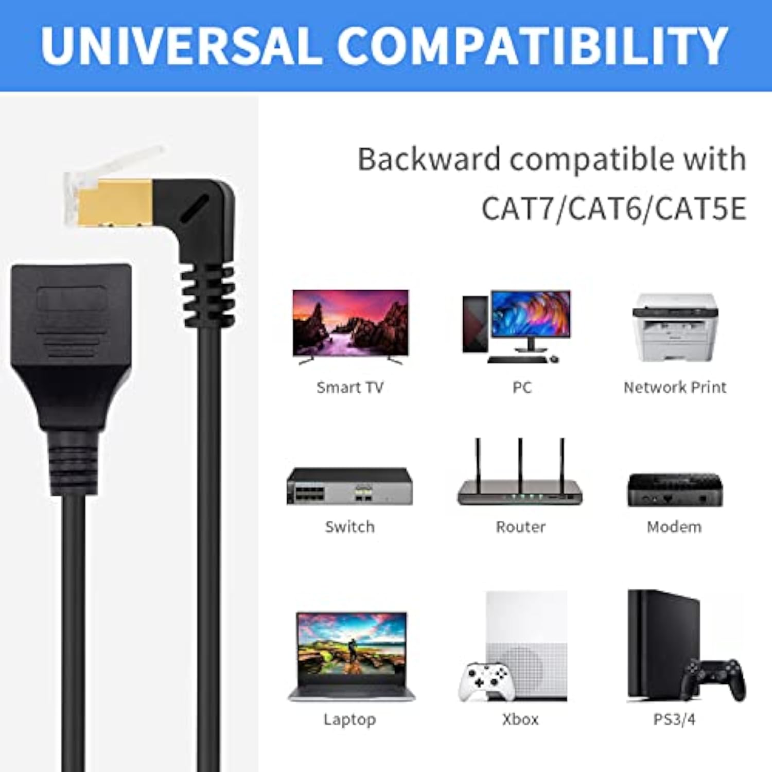 Cat8 Ethernet Extension Cable, Extreme Thin Up Angled Rj45 Male To Female Netw