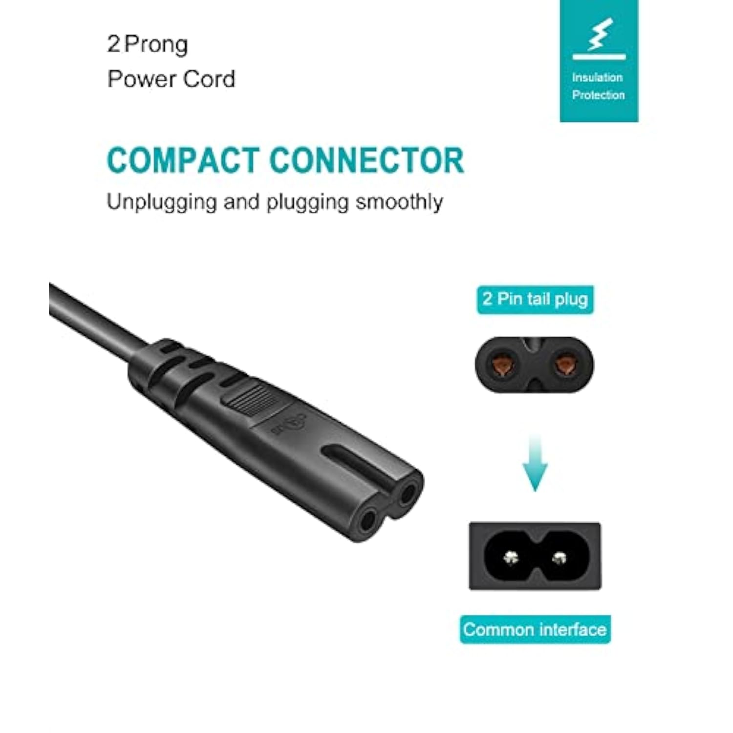 Tv Power Cord Ac Cable For Samsung 24" 32" 40" 43" 48" 49" 50" 55" 60" 65" 75" 80" 85" Inch Lcd Hd Smart 4K Curved Tv Un55Ru8000Fxza Un65Ru7100Fxza Un43Nu6900Fxza, 2 Prong Replacement Cable 6 Feet