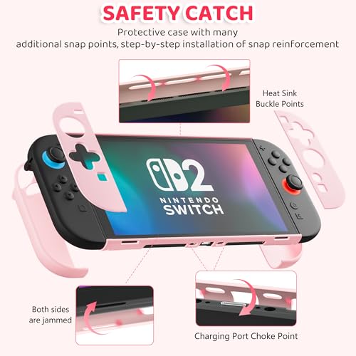 Pink Case Bundle for Nintendo Switch 2 (2025) Accessories, Portable Hard Carrying Cover with Protective Skin , Screen Protector, 2 Thumb Grips