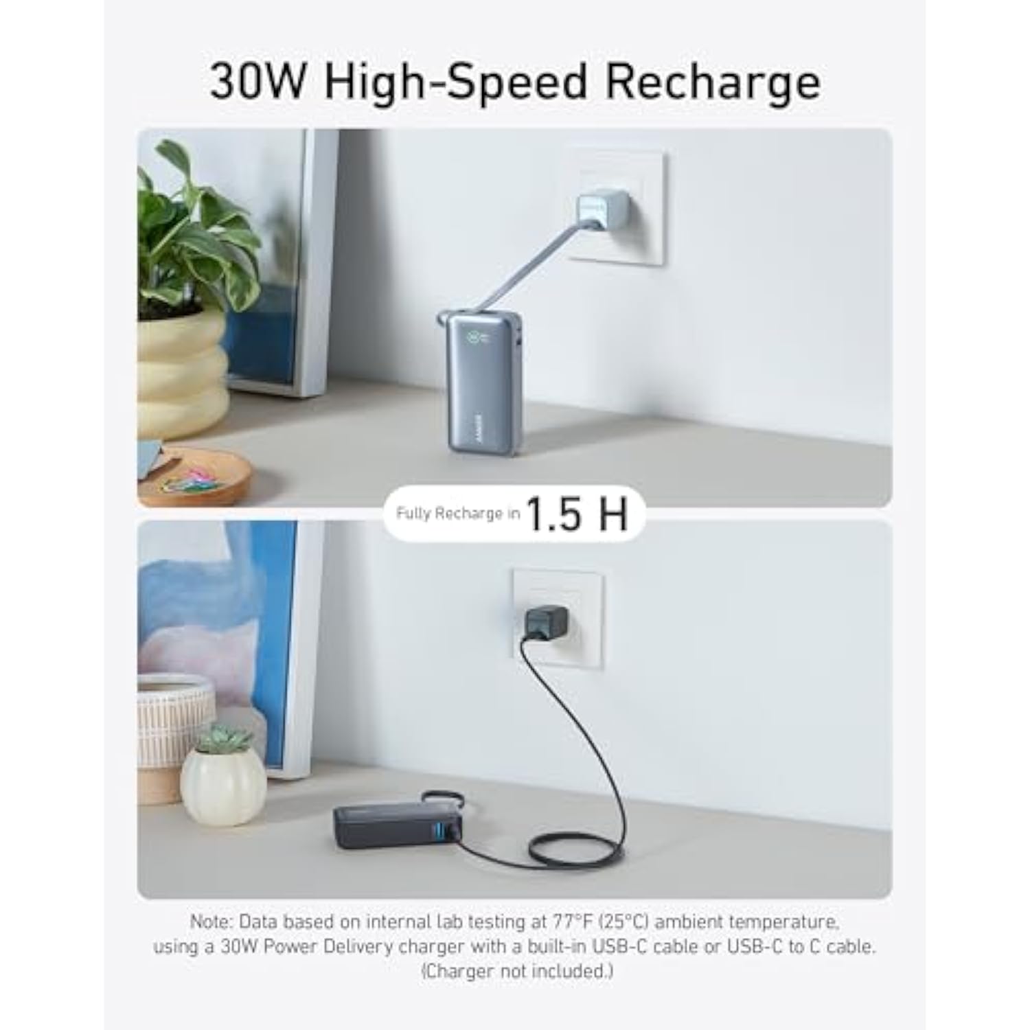 ANKER Nano Power Bank, 10,000mAh Portable Charger with Built-in USB-C Cable, 30W Recharging, 30W Max Output with USB-C&A, for iPhone 16/15 Series, MacBook, Galaxy, AirPods, and More