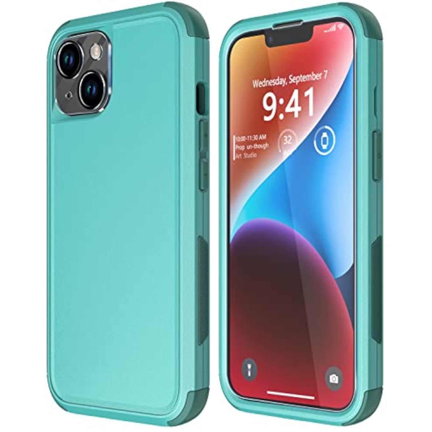 Heavy Duty Protection Phone Case Cover for Apple iPhone 14 Teal - Tempered Glass Screen and Camera Lens Protector