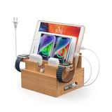 Bamboo Charging Station For Multiple Devices, With Power Charger, Wire Cables 5 Pack, Compatible With Multi Phones & Tablet, For Earbuds & Smart Watch