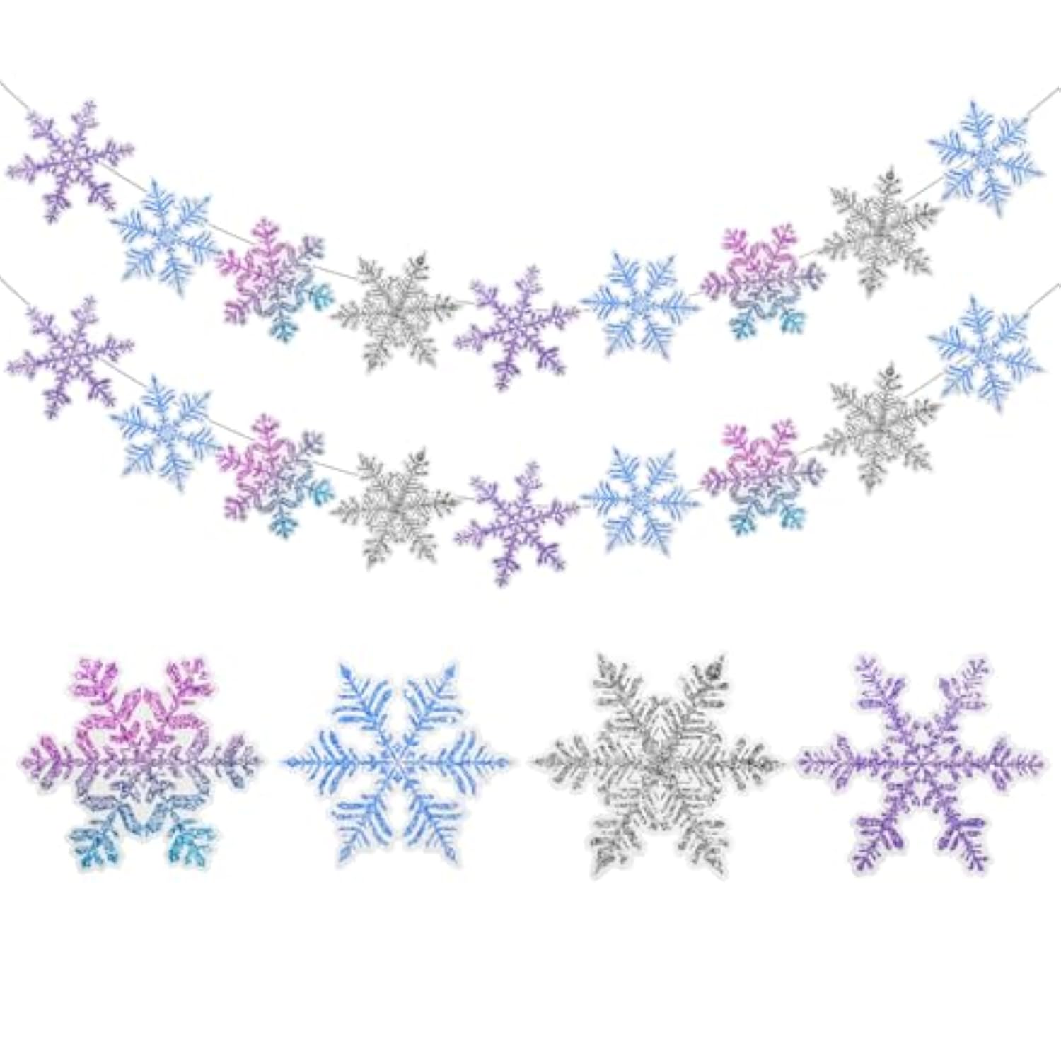 2 Pack Snowflake Garland Banner Blue Purple White Glitter for Party Decorations