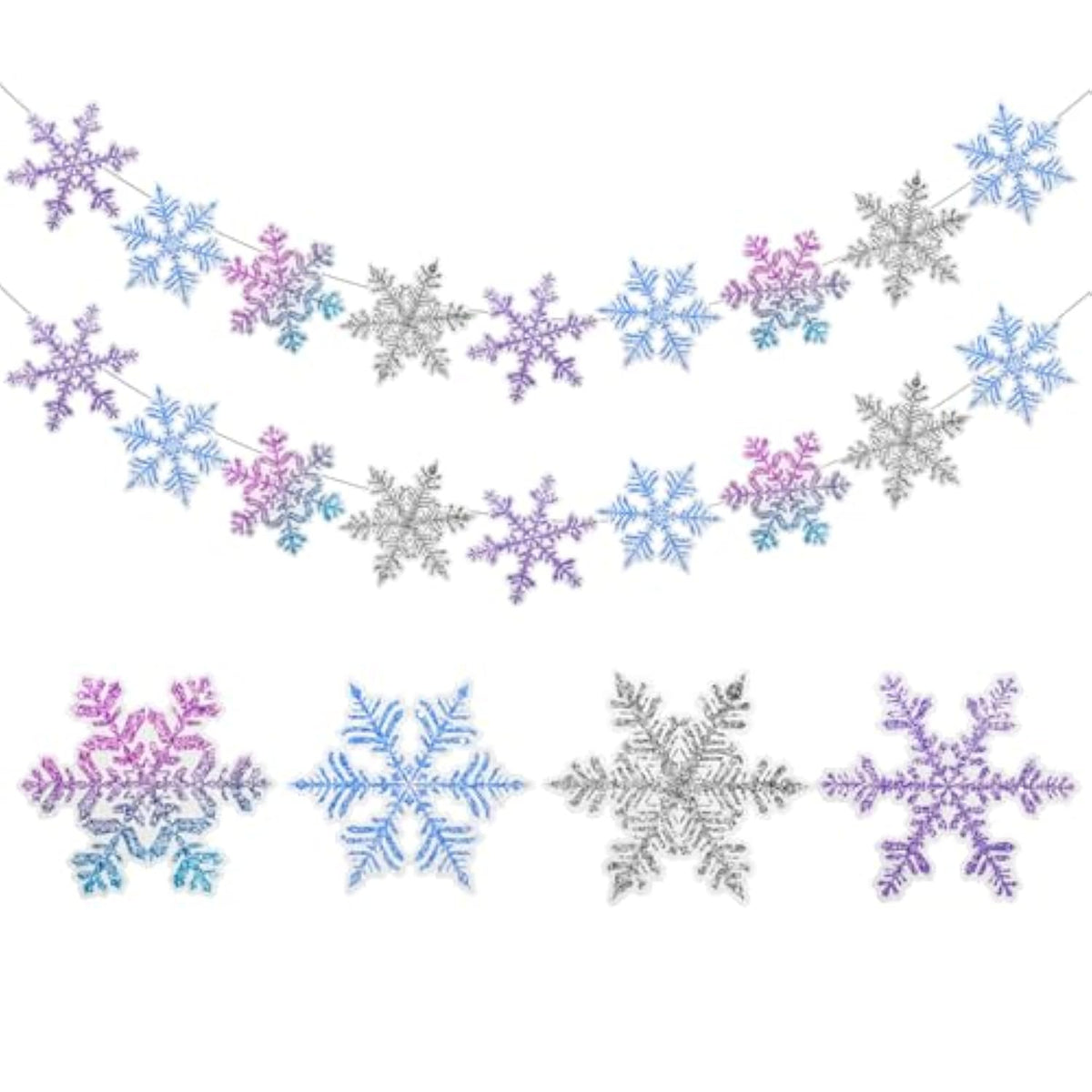 2 Pack Snowflake Garland Banner Blue Purple White Glitter for Party Decorations