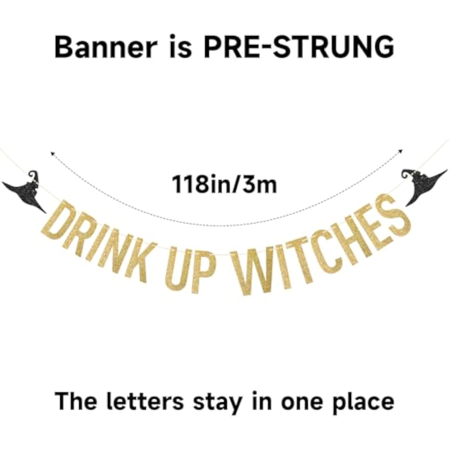 Pre-Strung Drink Up Witches Banner Gold Glitter Halloween Sign Garland for Indoor Outdoor Decor