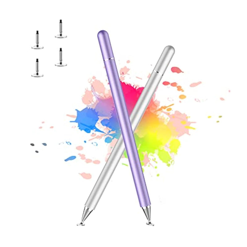 Stylus Pen For Ipad, Stylus Pens For Apple/Iphone/Ipad Pro/Mini/Air/Android/Microsoft/Surface All Capacitive Touch Screens Universal With 4 Replacement Tips (2 Pcs, Purple And Silver)
