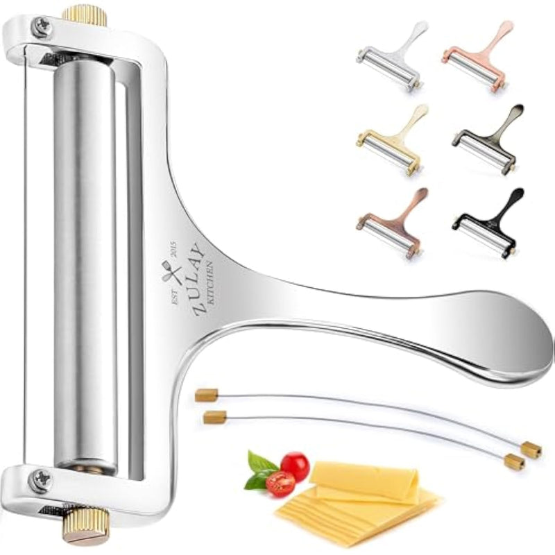 Stainless Steel Wire Cheese Slicer - Adjustable Hand Held Cheese Cutter With 2 Extra Wires - Premium Cheese Shaver For Mozzarella, Cheddar, Gruyere - Cheese Cutter With Wire (Silver)