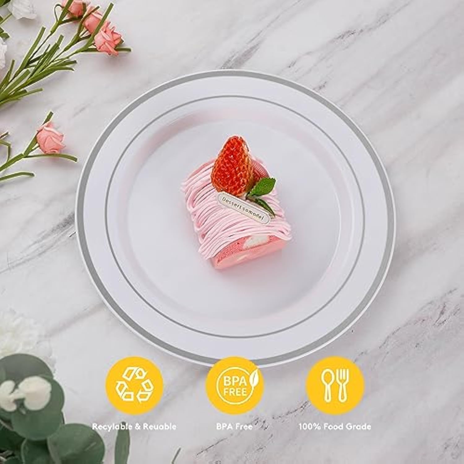 200Pcs Silver Plastic Plates, Heavy Duty Disposable Gold Plates With 100 10.25 Inch Dinner Plates And 100 7.5 Inch Dessert Plates, Disposable Plates For Party, Holiday, Wedding, Christmas