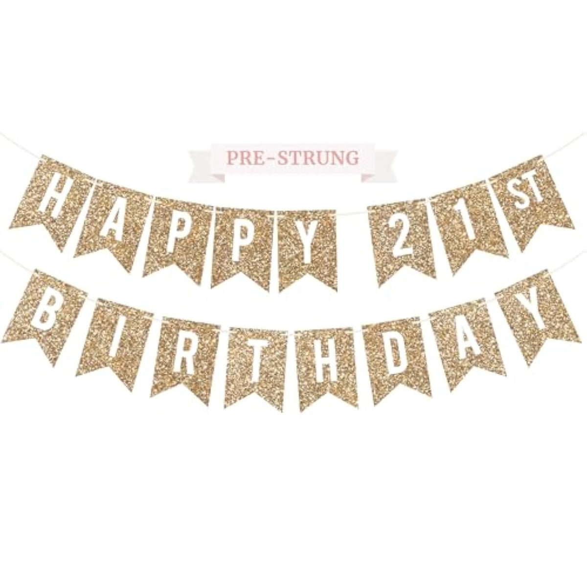 Pre-Strung Happy 21St Birthday Banner - No Diy - Gold Glitter 21St Birthday Party Banner For Men & Women - Pre-Strung Garland On 6 Ft Strands - Gold Bday Party Decorations & Decor - No Diy
