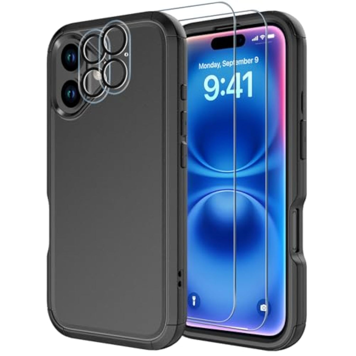 For Iphone 16 Case [Shockproof] [Dropproof] [Tempered Glass Screen Protector + Camera Protectors] Heavy Duty Protection Phone Case Cover For Iphone 16 (Black)