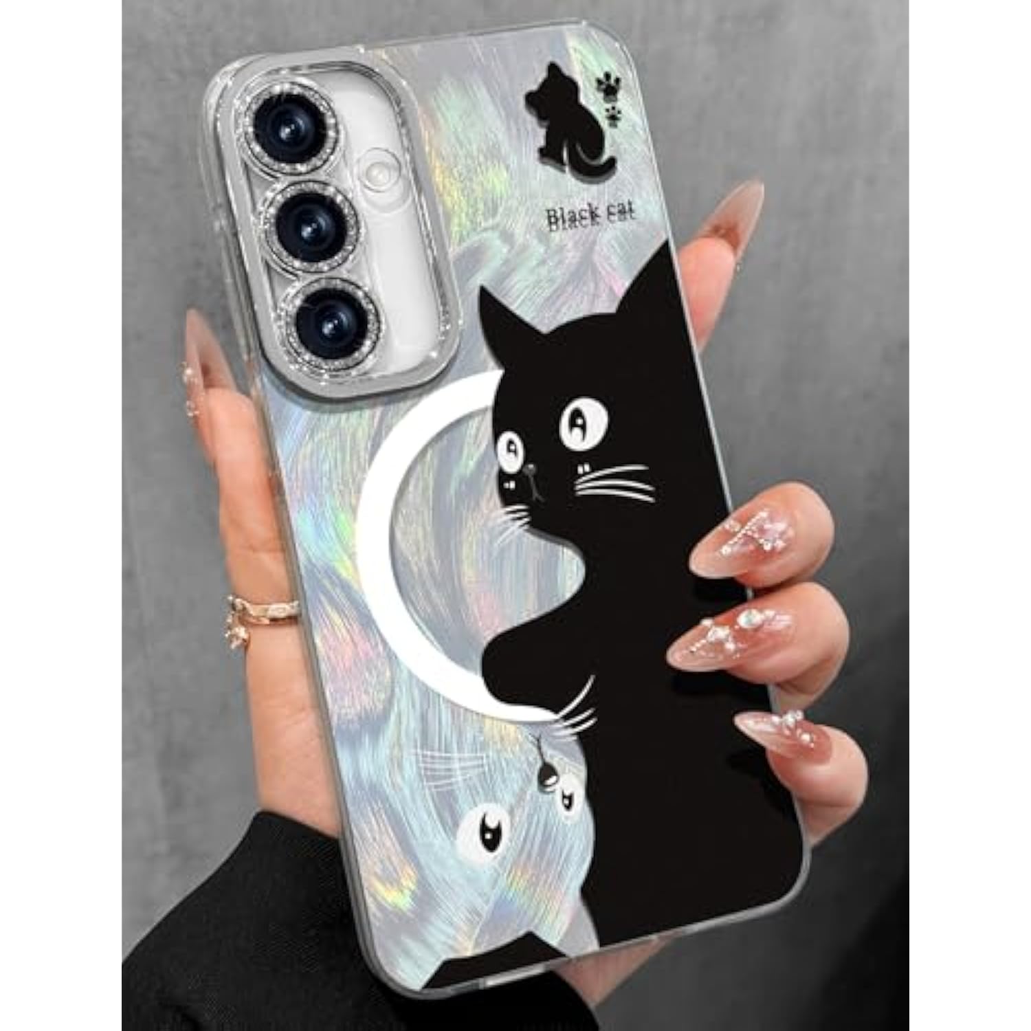 For Samsung Galaxy S25/S24 Case - Compatible With Magsafe Aesthetic Cute Holographic Galaxy S25 Case With Diamond Bling Lens Protector For Samsung S24 Cover For Women Girls, Black White Cat