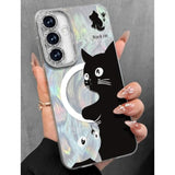 For Samsung Galaxy S25/S24 Case - Compatible With Magsafe Aesthetic Cute Holographic Galaxy S25 Case With Diamond Bling Lens Protector For Samsung S24 Cover For Women Girls, Black White Cat