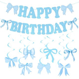 Bow Birthday Party Decoration, Blue Bow Banner Bluek Bow Party Hanging Swirls For Girls Woman Coquette Birthday Baby Shower(Blue)