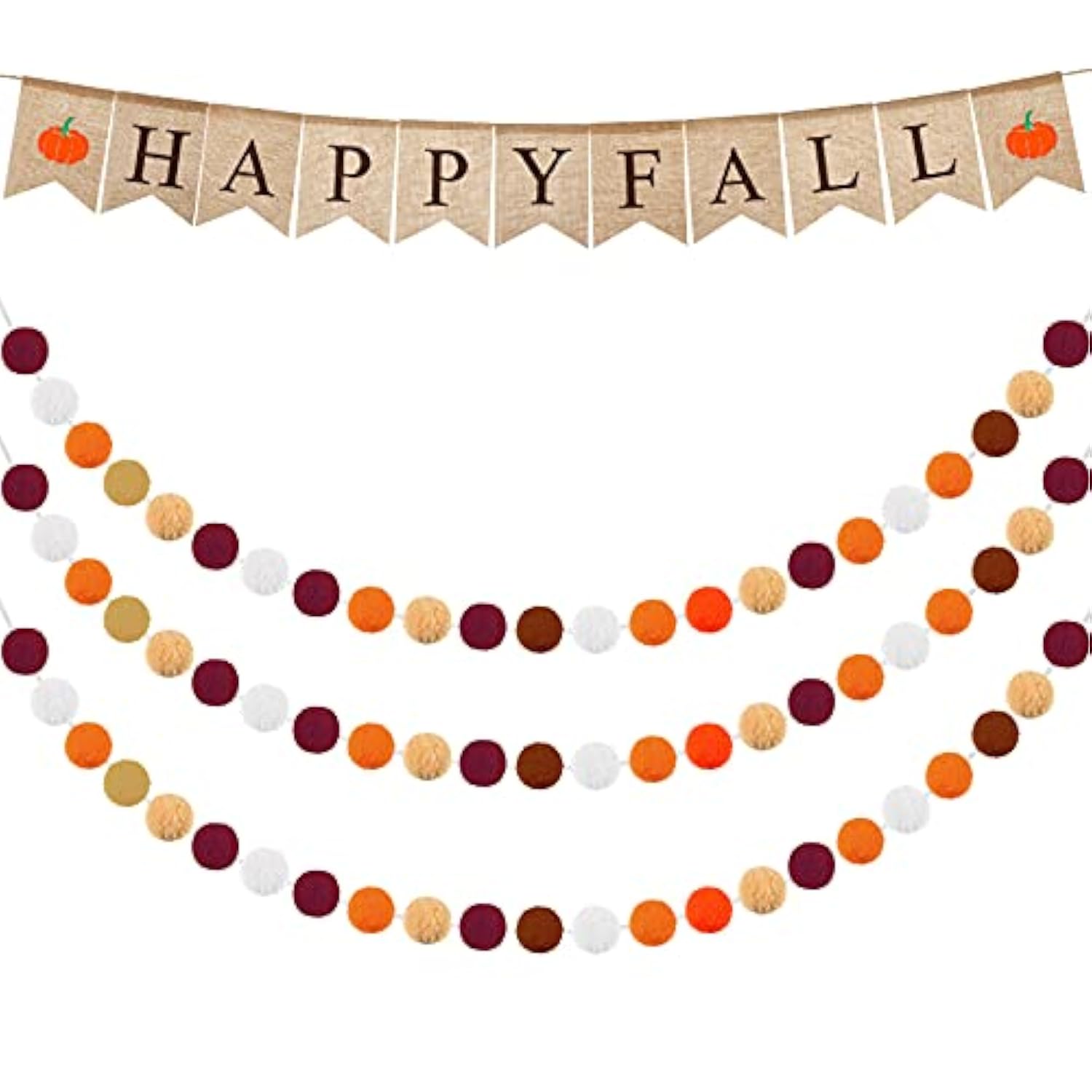 Happy Fall Burlap Banner With 3 Pieces Fall Pom Pom Garland Wool Felt Ball Garland Thanksgiving Decoration For Harvest Time Autumn Theme Party Thanksgiving Supplies