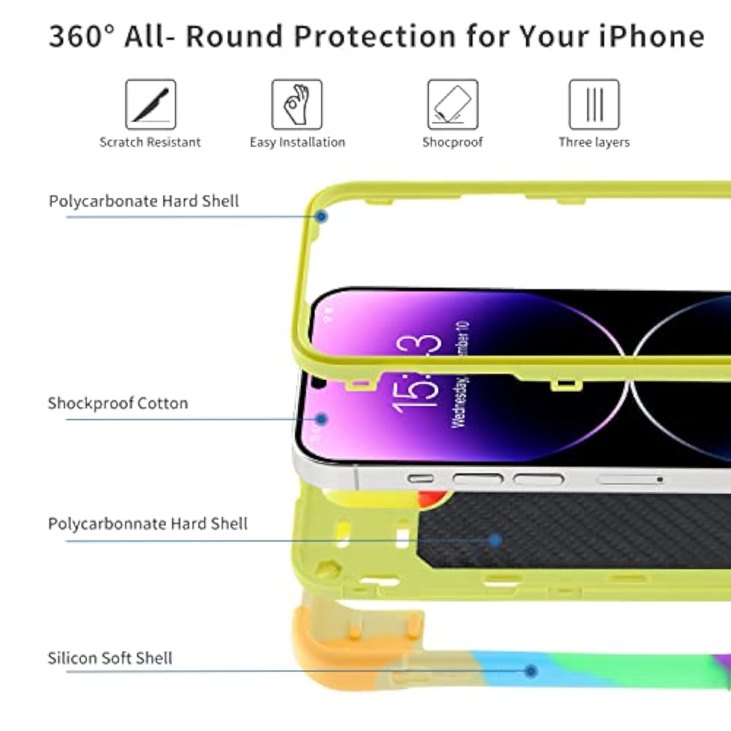 Heavy Duty Shockproof Military Grade Rugged Cover with 2 Pack Glass Screen Protector + 1 Pack Camera Lens Protector for iPhone 14 Pro Max