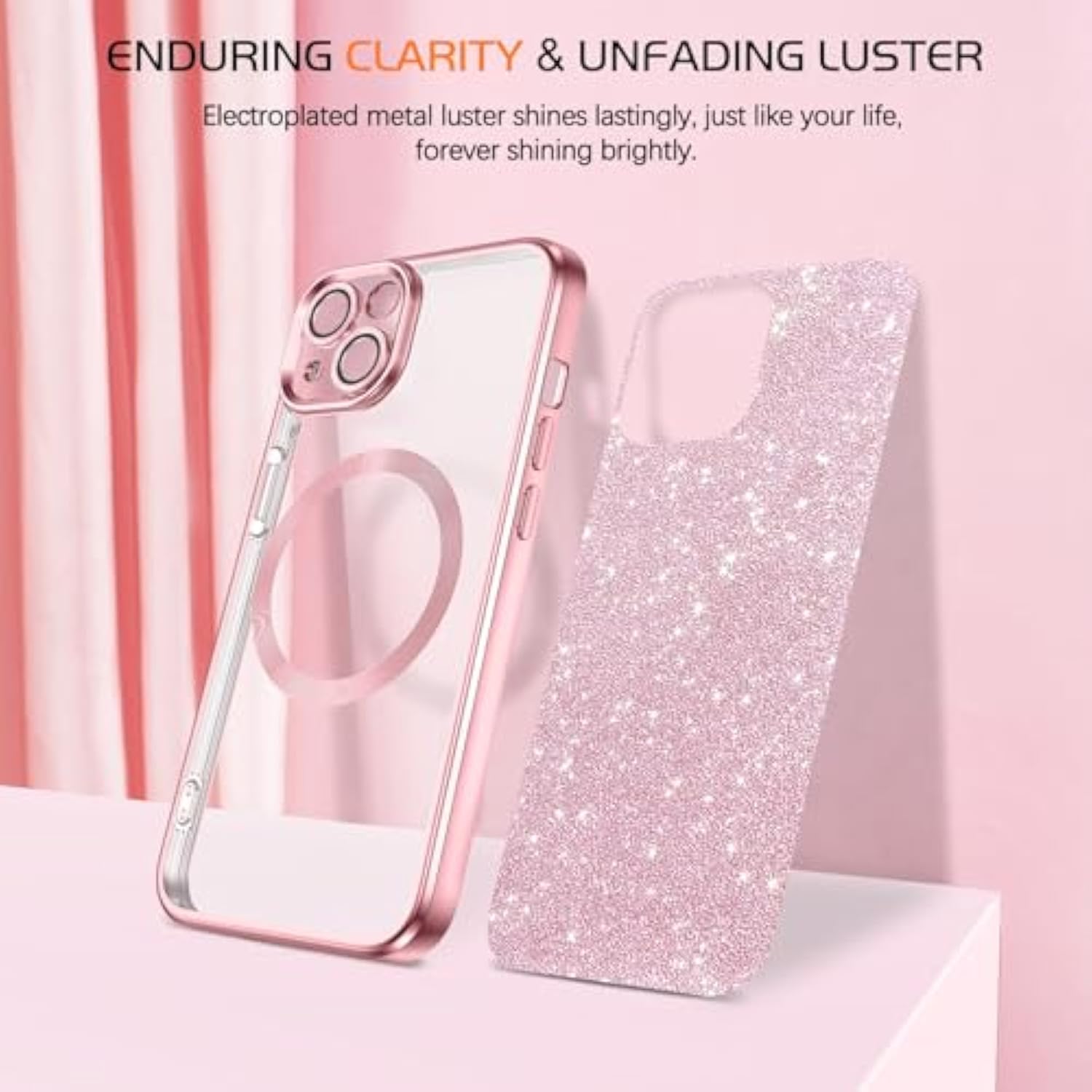 For Iphone 14 Case With Magnetic [Compatible With Magsafe] Luxury Clear Glitter Bling Shockproof Protective Cover Full Camera Lens Protector Women Girls- Pink