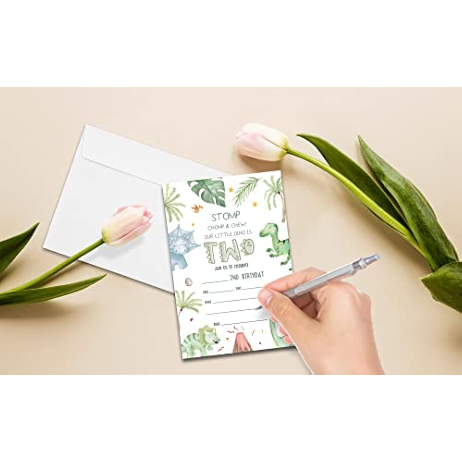 2Nd Birthday Party Invitations For Boys Or Girls, Dinosaur Theme Birthday Parties Supplies Decorations, Tropical Dino Theme Fill-In Invites, 4" X 6" Double-Sided Cards(20 Invitations And