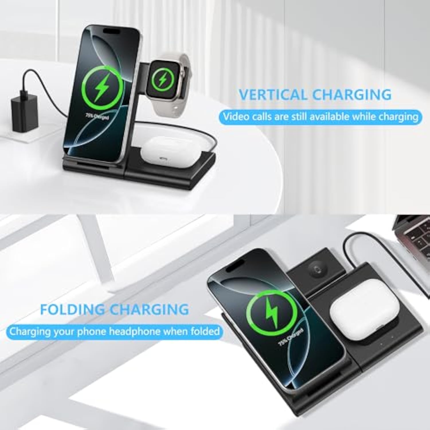 Charging Station For Multiple Devices Apple, Foldable 3 In 1 Wireless Charger For Iphone 16/15/14/13/12/Pro/Max/Plus, Apple Watch 10/9/Ultra/8/7/6/5/4/3/2/Se & Airpods 4/3/2/Pro (Black)
