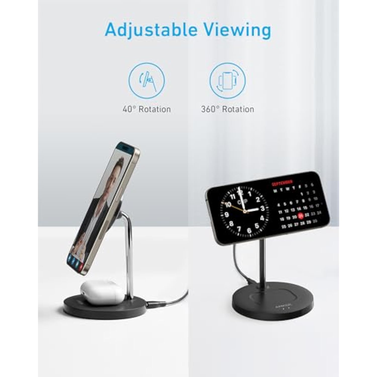 Anker iPhone 16 Wireless Charging Stand, PowerWave 2-in-1 Magnetic Stand Lite with USB-C Cable, for iPhone 16/16 Pro/16 Plus/16 Pro Max/15/14/13 Series, AirPods 2/Pro (No AC Adapter)