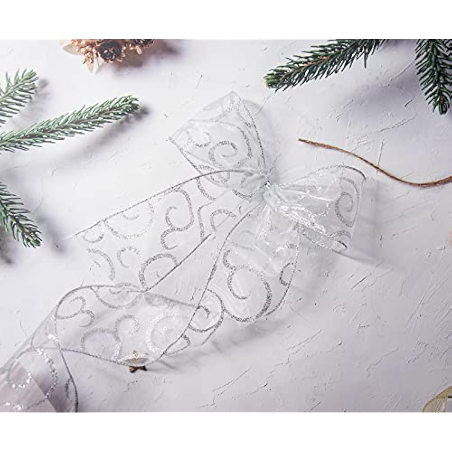 Organza With Silver Glitter Swirls Wired Ribbon 2.5 Inch X 50 Yards For Christmas Home Decor Tree Topper Bow Gift Wrapping Diy Crafts Wreath Garland Wedding