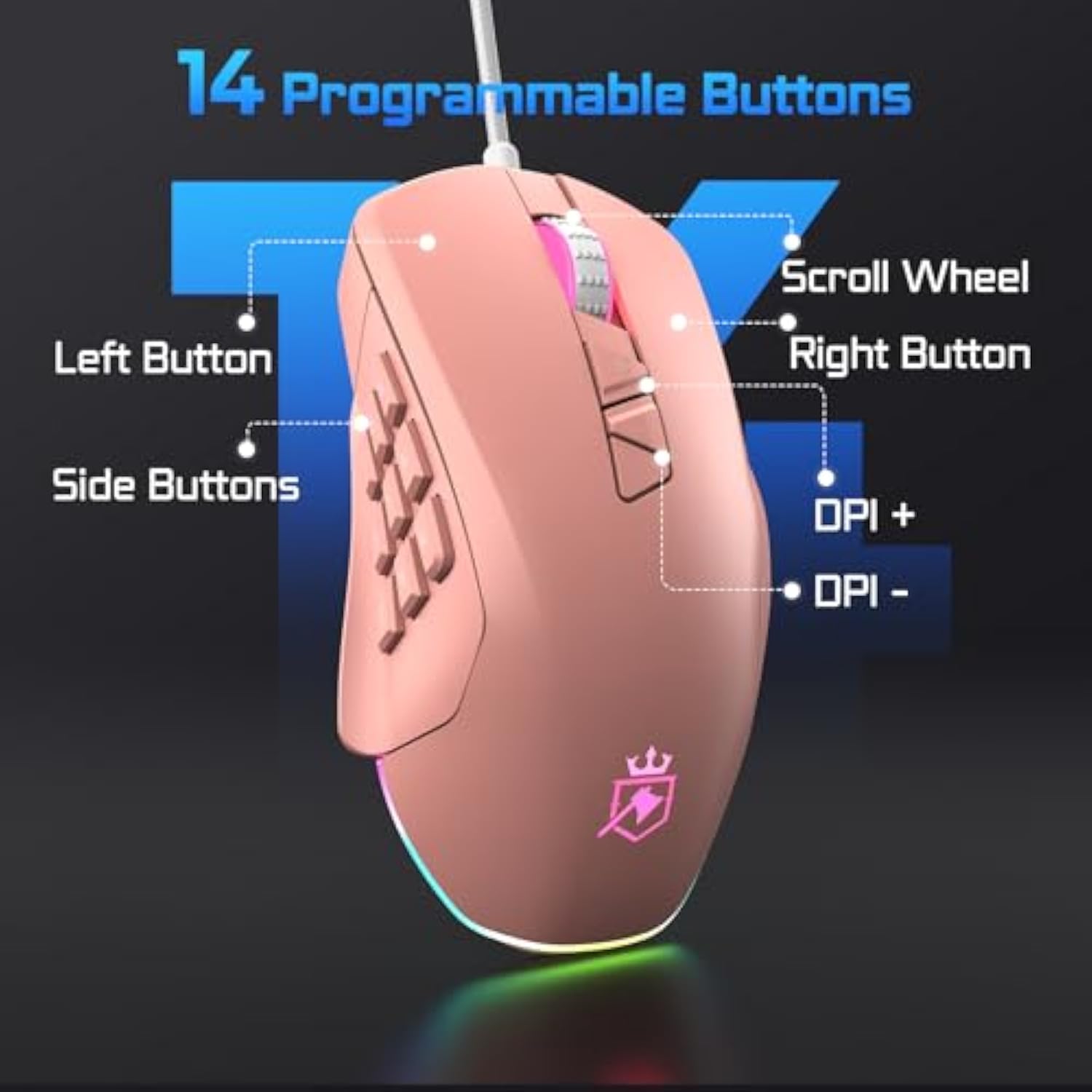 Wired Gaming Mouse With Side Plates, Mmo Mouse With 14 Programmable Buttons, Ergonomic Gaming Mouse With 2 Grip Plates, Computer Mouse With Max 12,400 Dpi, Rgb Lighting, Pink