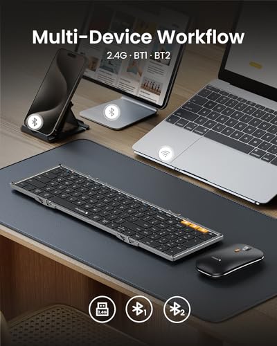 Foldable Keyboard And Mouse, Xkm01 True Full-Size Folding Wireless Keyboard Mouse Combo For Business Travel, A Portable Office Suite On-The-Go, Compatible With Laptop Ipad Tablet - Black Gray