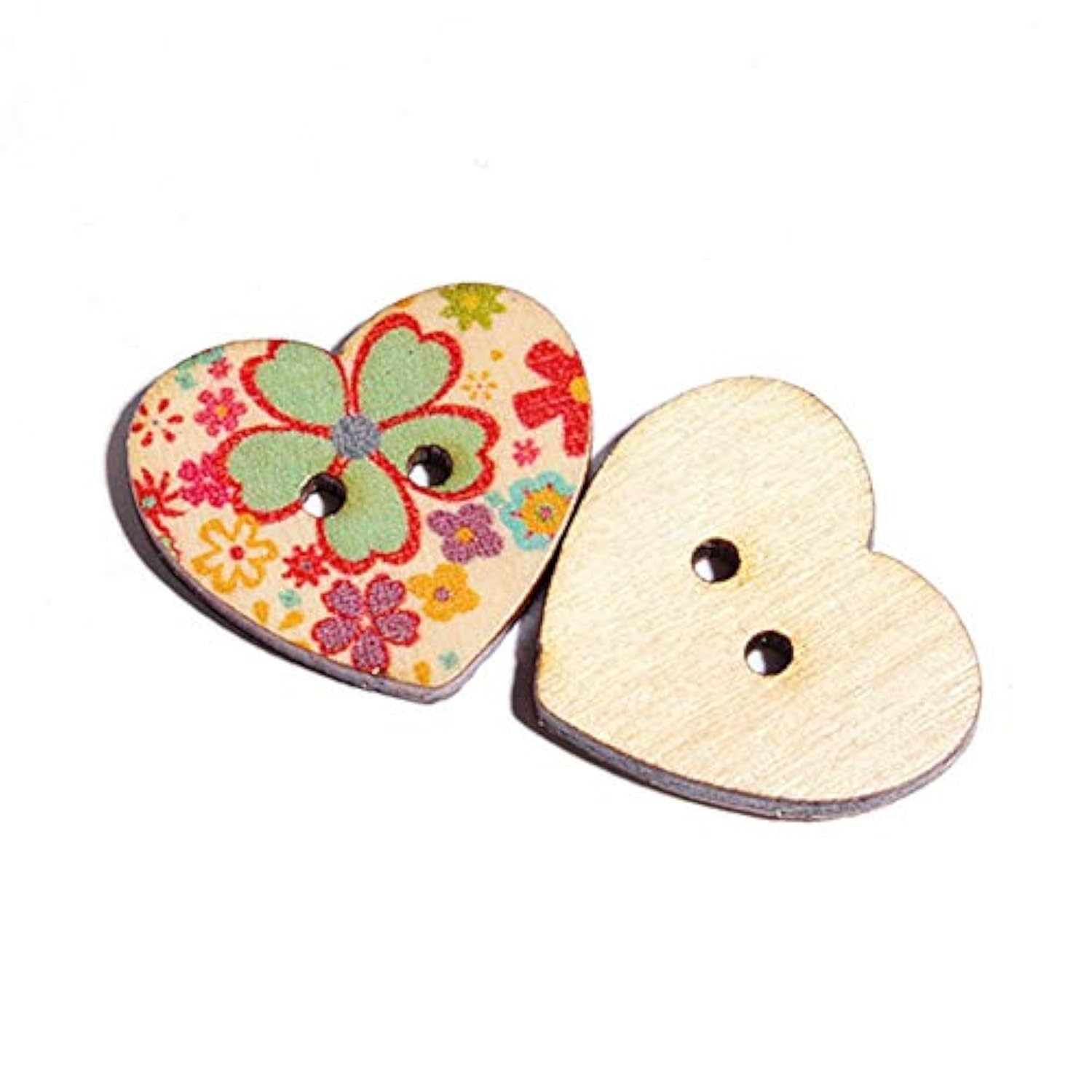 50 Pack 25Mm 2-Hole Mixed Flower Pattern Printed Wooden Peach Heart Sh