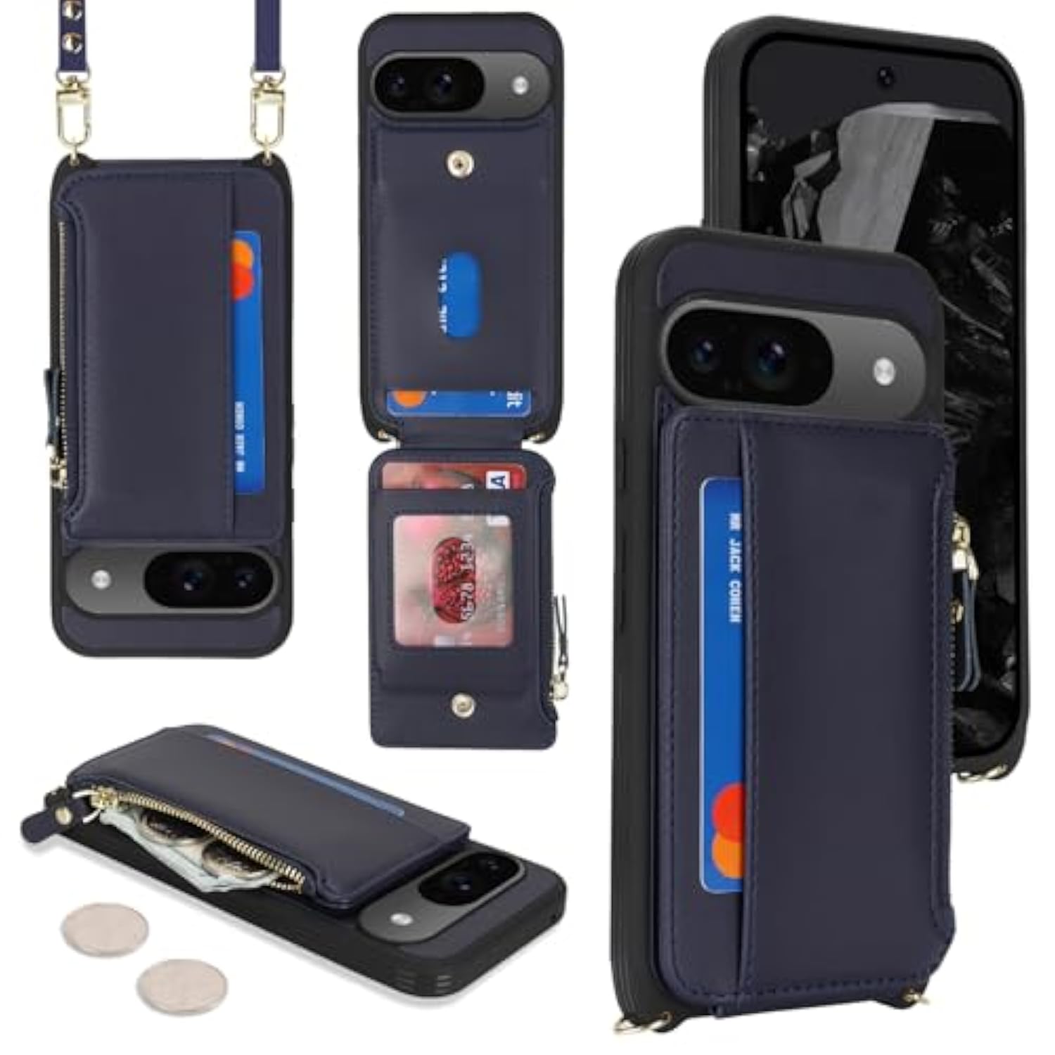 Pixel 9/9 Pro Wallet Case, Crossbody with Strap, Leather Card Holder - Blue