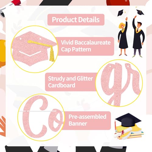 Graduation Banner Decorations – Pink Glitter Congrats Grad Banner with Graduation Cap Garland, Class of 2026 Graduation Party Supplies for High School and College Grad Party