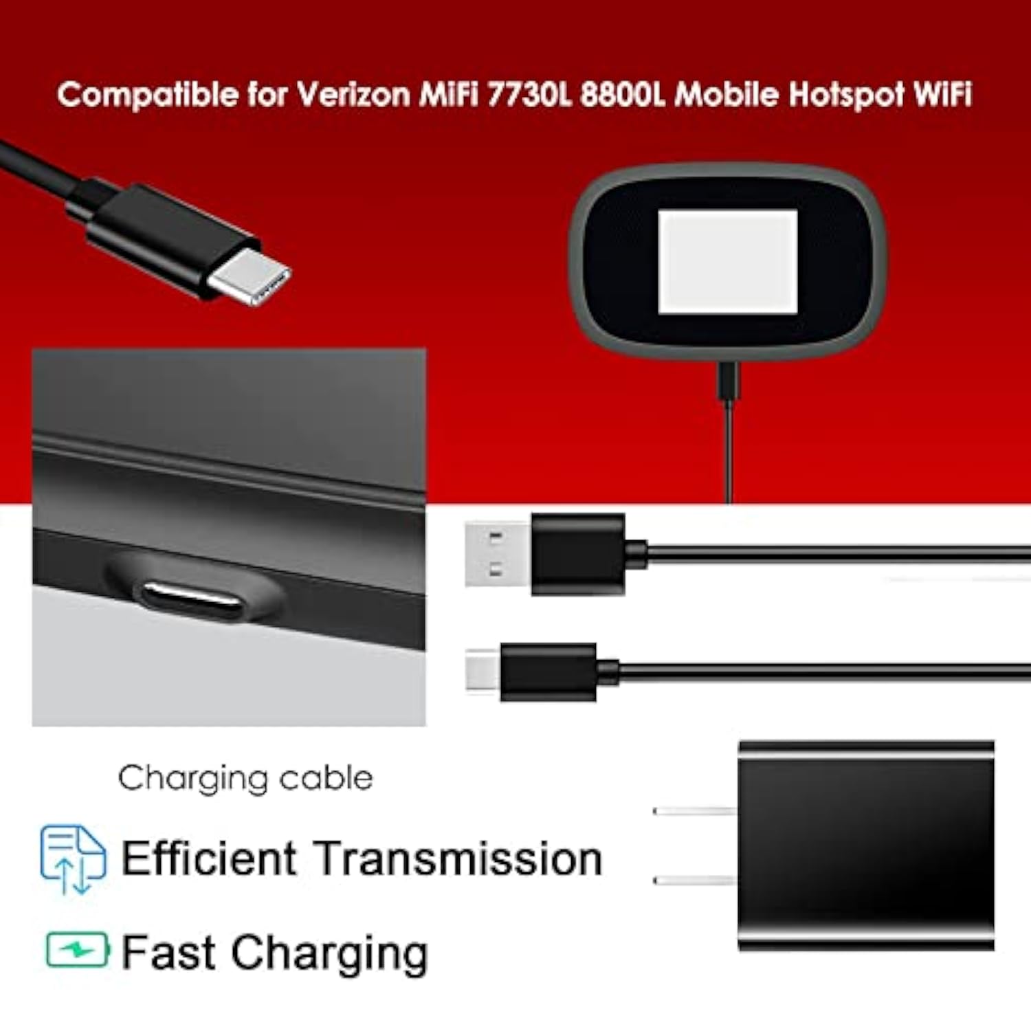 Mifi 7730L Charger 8800L 8000 Wall Charger And 5Ft Charging Cable Cord Compatible For Verizon Mifi 7730L 8800L M2100 400L Jetpack 4G Lte Mobile Hotspot Wifi,Inseego 5G Mifi M2000 (Black)