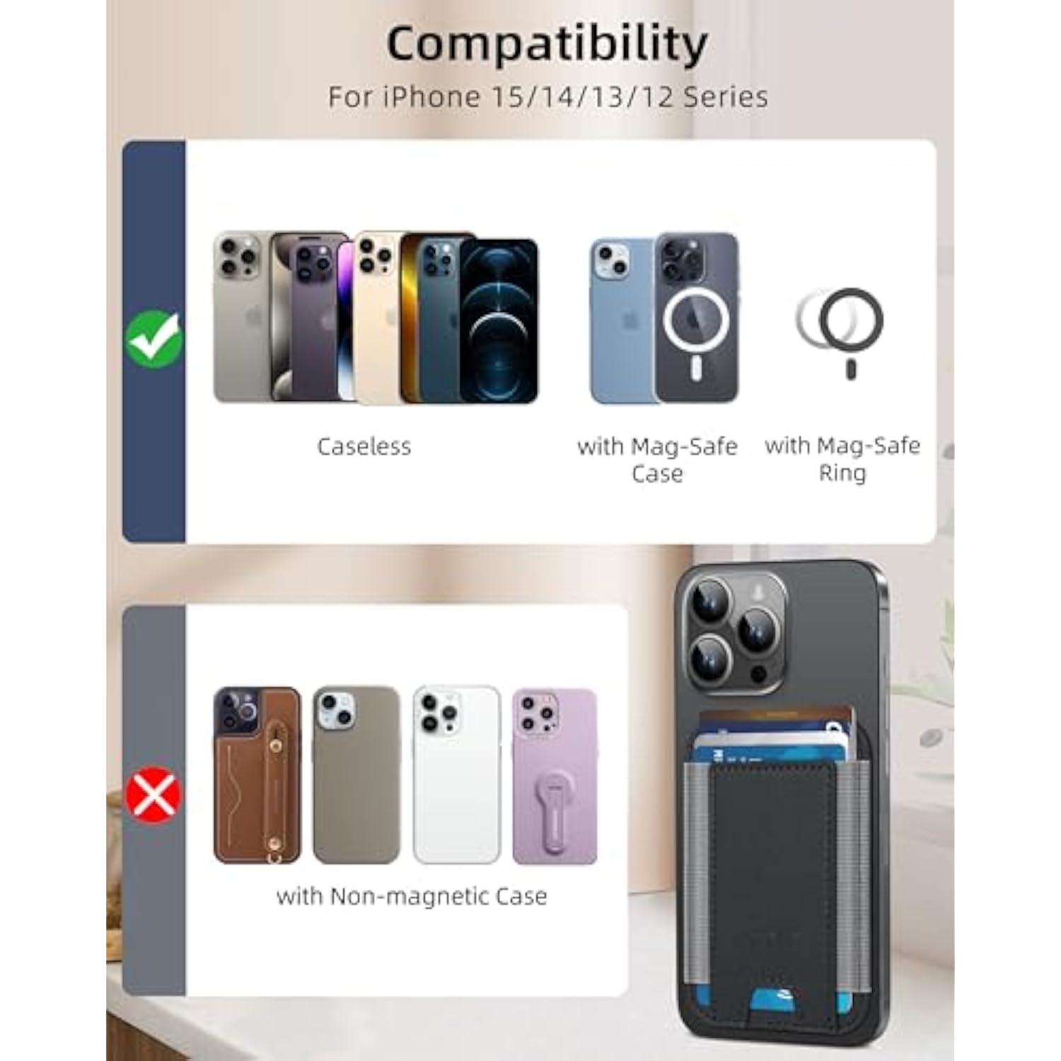 MagSafe Wallet, Magnetic Leather Card Holder for iPhone 15/14/13/12, RFID, Black