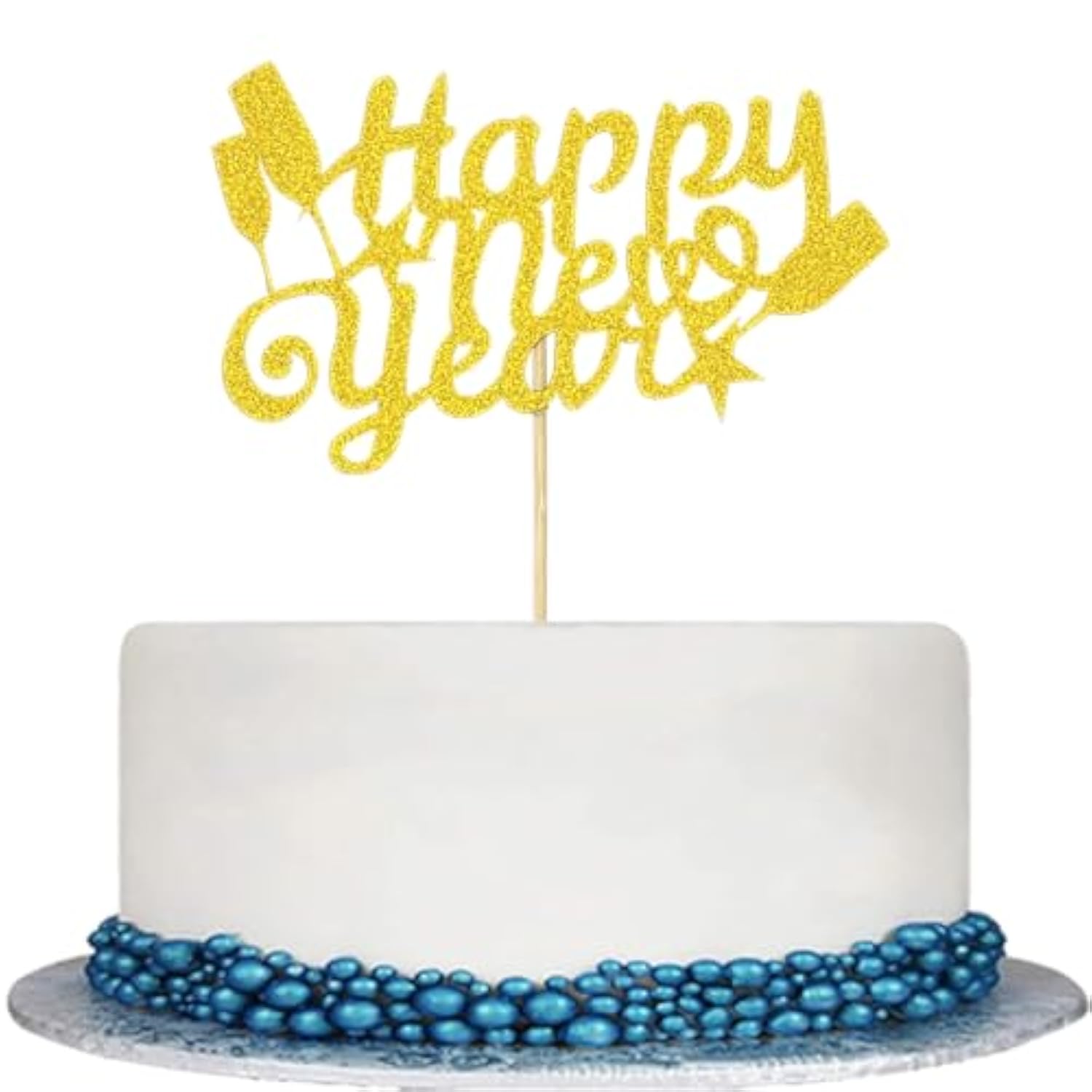 Happy New Year Cake Topper, Gold Glitter Cardstock With Wine Glass And Stars Design