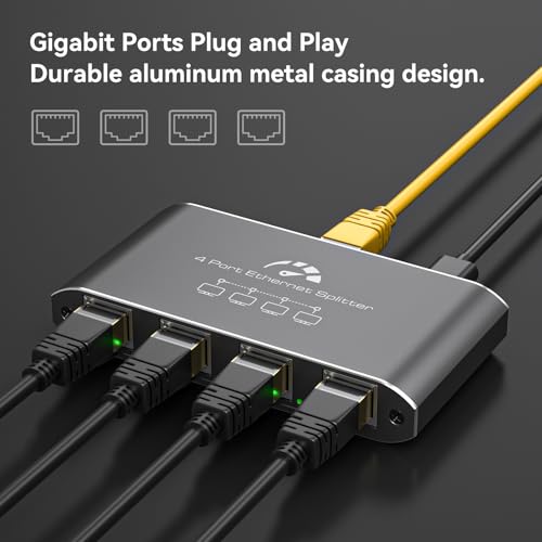 Ethernet Splitter 1 To 4 [ With 5Ft Ethernet Cable ] 1000Mbps High Speed Internet Splitter 1 In 4 Out Gigabit Network Splitter Lan Rj45 Adapter With Usb Power Cable For Cat 6/7/8 Cable