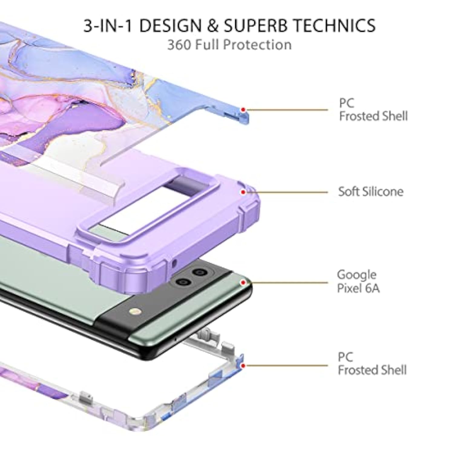 Google Pixel 6A Plastic+Silicone Rubber Hybrid 3 in 1 Drop Protective Case
