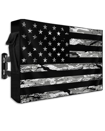 American Flag Outdoor TV Cover 60 to 65 Inch Weatherproof, Camouflage Black Stripes 600D Oxford TV Covers with Zipper, Vintage US Flag Outside Flat