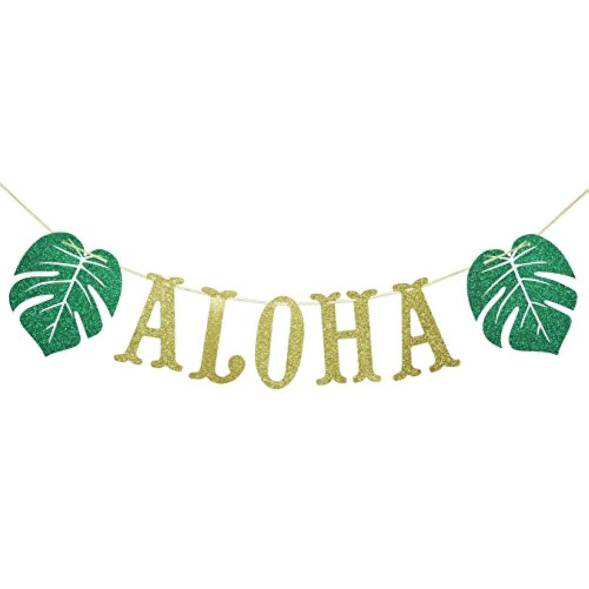 Hawaiian Aloha Banner Decorations With Palm Leaves Garland For Hawaiian Tropical Luau Beach Summer Party Supplies Decor Favors Bunting Photo Booth Props Sign (Gold & Green Glittery)