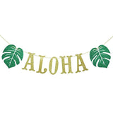 Hawaiian Aloha Banner Decorations With Palm Leaves Garland For Hawaiian Tropical Luau Beach Summer Party Supplies Decor Favors Bunting Photo Booth Props Sign (Gold & Green Glittery)
