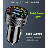 Car Charger, Dual Qc3.0 Port Usb Car Phone Charger Adapter, 36W 3A Fast Charge With Colorful Voltmeter & On/Off Switch