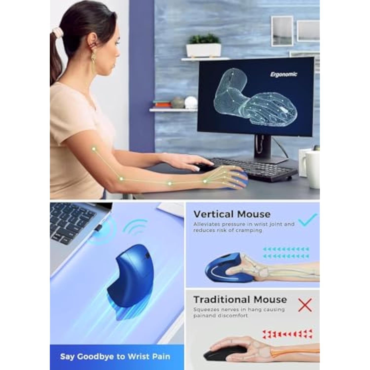 Ergonomic Mouse Wireless, Rechargeable Mouse Silent For Carpal Tunnel Right Hand, 2.4Ghz Usb Vertical Mouse Wireless For Laptop Etc, 3 Adjustable 800/1200/1600 Dpi, Blue