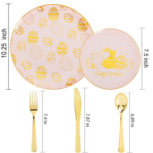 150Pcs Easter Plates with Gold Bunny - Pink Plastic Dinnerware Includes 30 Egg and Rabbit 30 Dessert Plates, 30 Forks, 30 Spoons,30 Knives for Easter Party