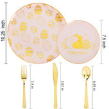 150Pcs Easter Plates with Gold Bunny - Pink Plastic Dinnerware Includes 30 Egg and Rabbit 30 Dessert Plates, 30 Forks, 30 Spoons,30 Knives for Easter Party