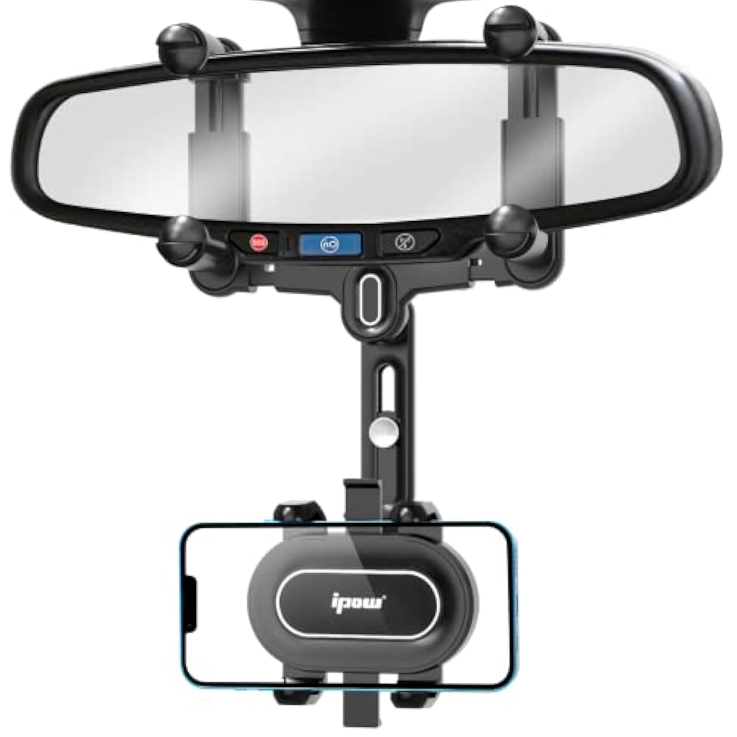 IPOW Large Rearview Mirror Phone Holder for Car 360°Rotatable and Retractable, 2023 Upgraded Four Corners Fixed Anti-Shake Multifunctional Design for Car Rearview Mirror with Button