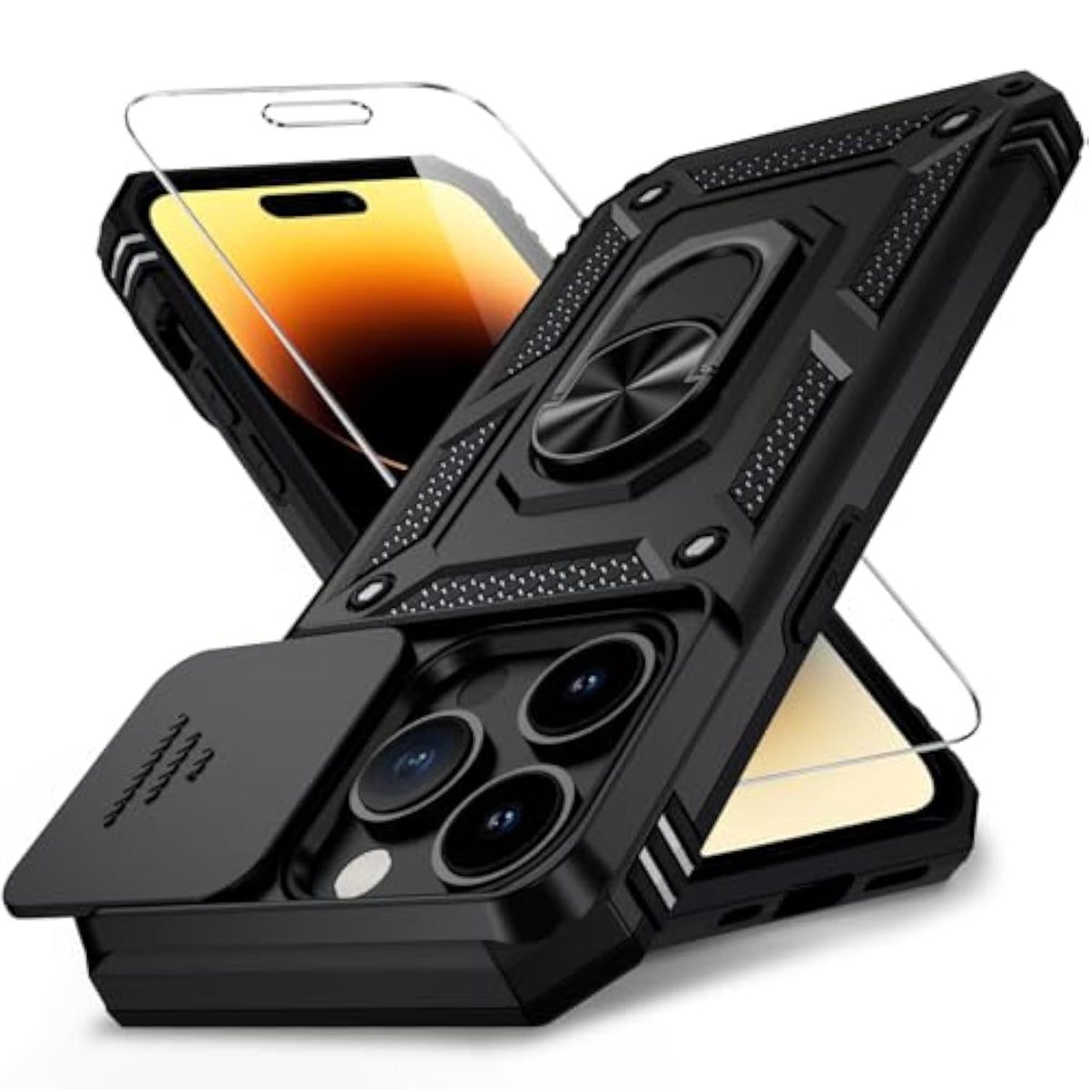 iPhone 14 Pro Case with Camera Lens Cover, HD Screen Protector, 10 FT Military Grade Drop Protection, Magnetic Ring Holder Kickstand Protective Phone Case, Black